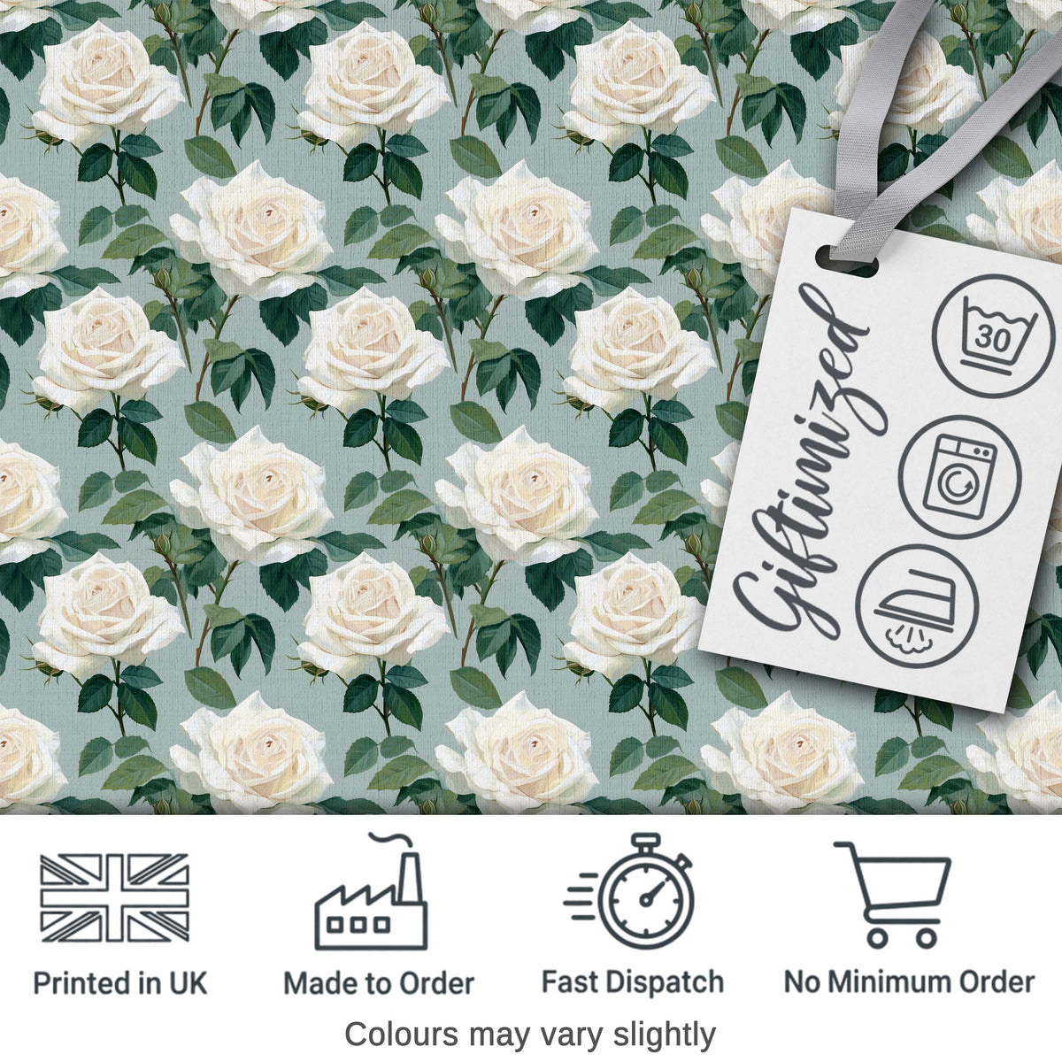 White Roses with Green Leaves on Soft Blue Background Seamless Pattern Digital Print Fabric by the Metre UK Sewing Quilting Textile