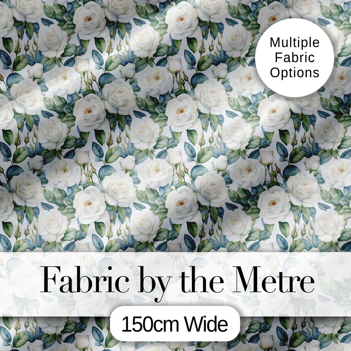 Classic White Rose Bouquet with Blue Green Leaves Seamless Pattern Digital Print Fabric by the Metre UK Sewing Quilting Textile