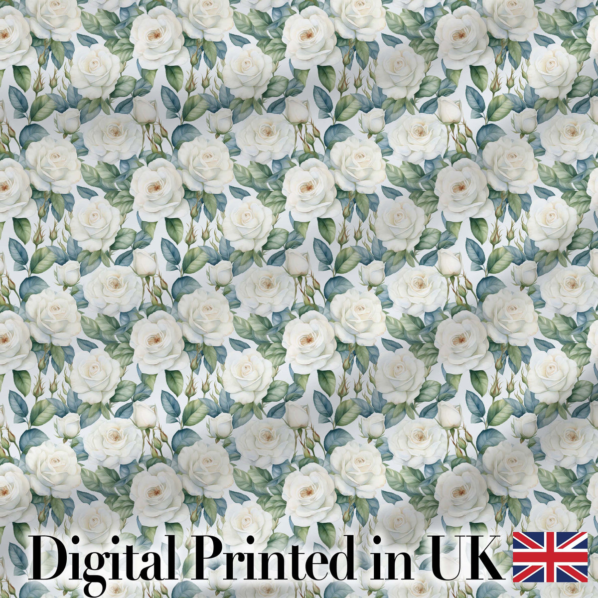 Classic White Rose Bouquet with Blue Green Leaves Seamless Pattern Digital Print Fabric by the Metre UK Sewing Quilting Textile