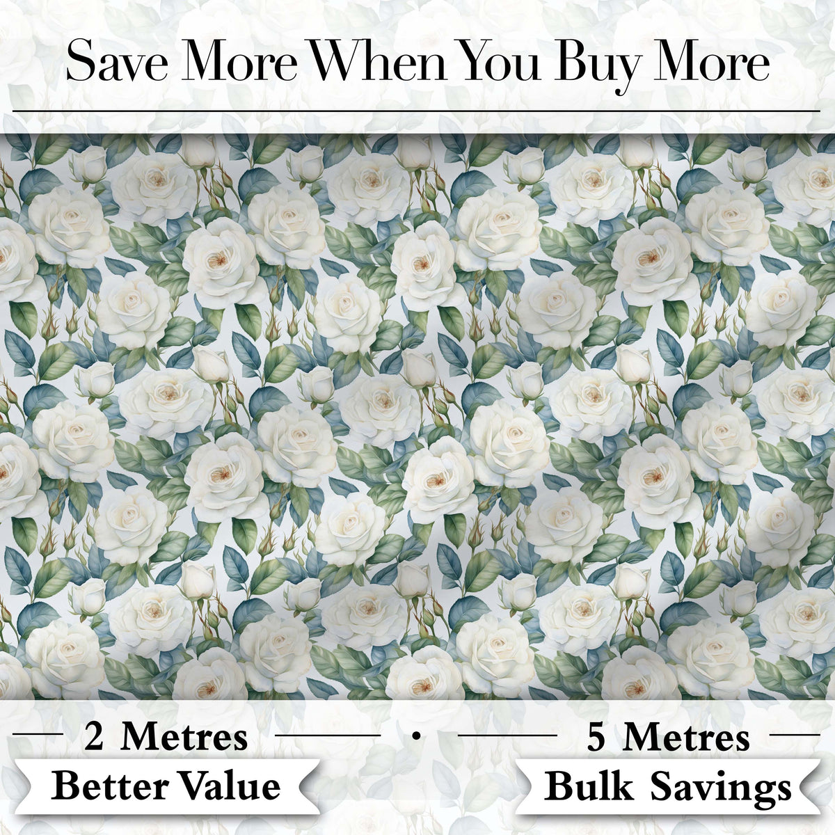 Classic White Rose Bouquet with Blue Green Leaves Seamless Pattern Digital Print Fabric by the Metre UK Sewing Quilting Textile