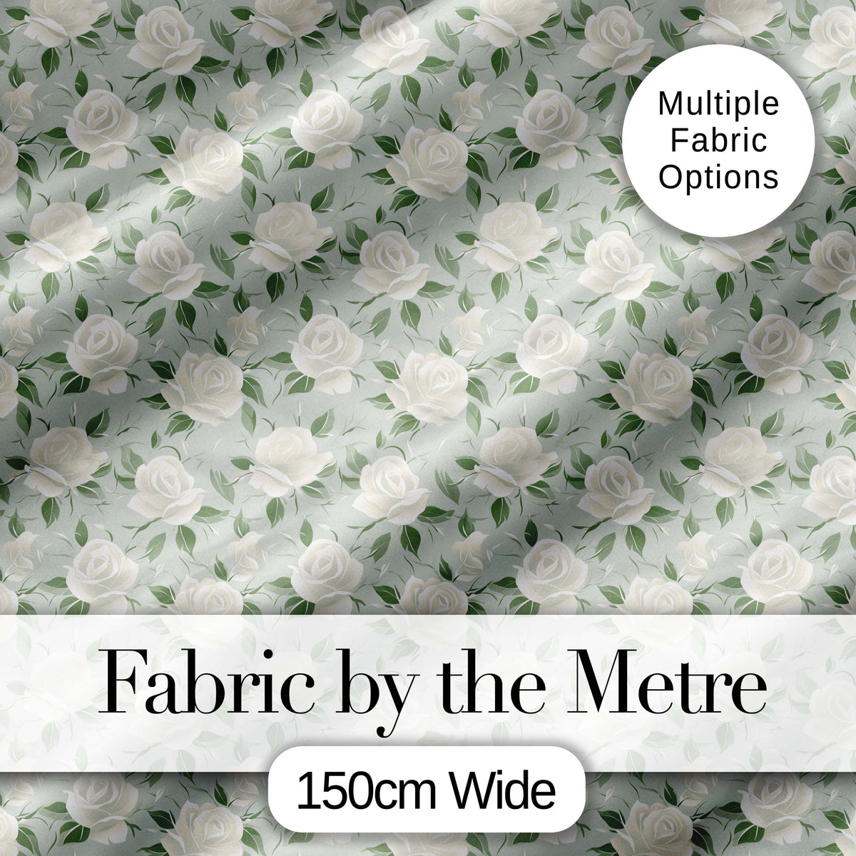 Delicate White Roses on Pale Sage Green Background Seamless Pattern Digital Print Fabric by the Metre UK Sewing Quilting Textile