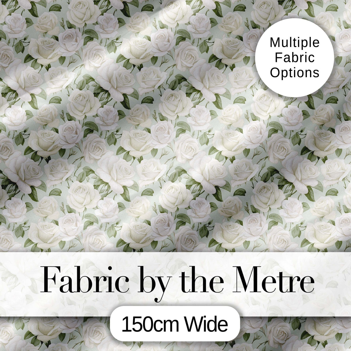 Elegant White Roses Vintage Floral Seamless Pattern Digital Print Fabric by the Metre UK Sewing Quilting Textile