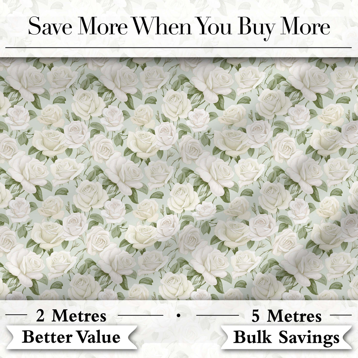 Elegant White Roses Vintage Floral Seamless Pattern Digital Print Fabric by the Metre UK Sewing Quilting Textile