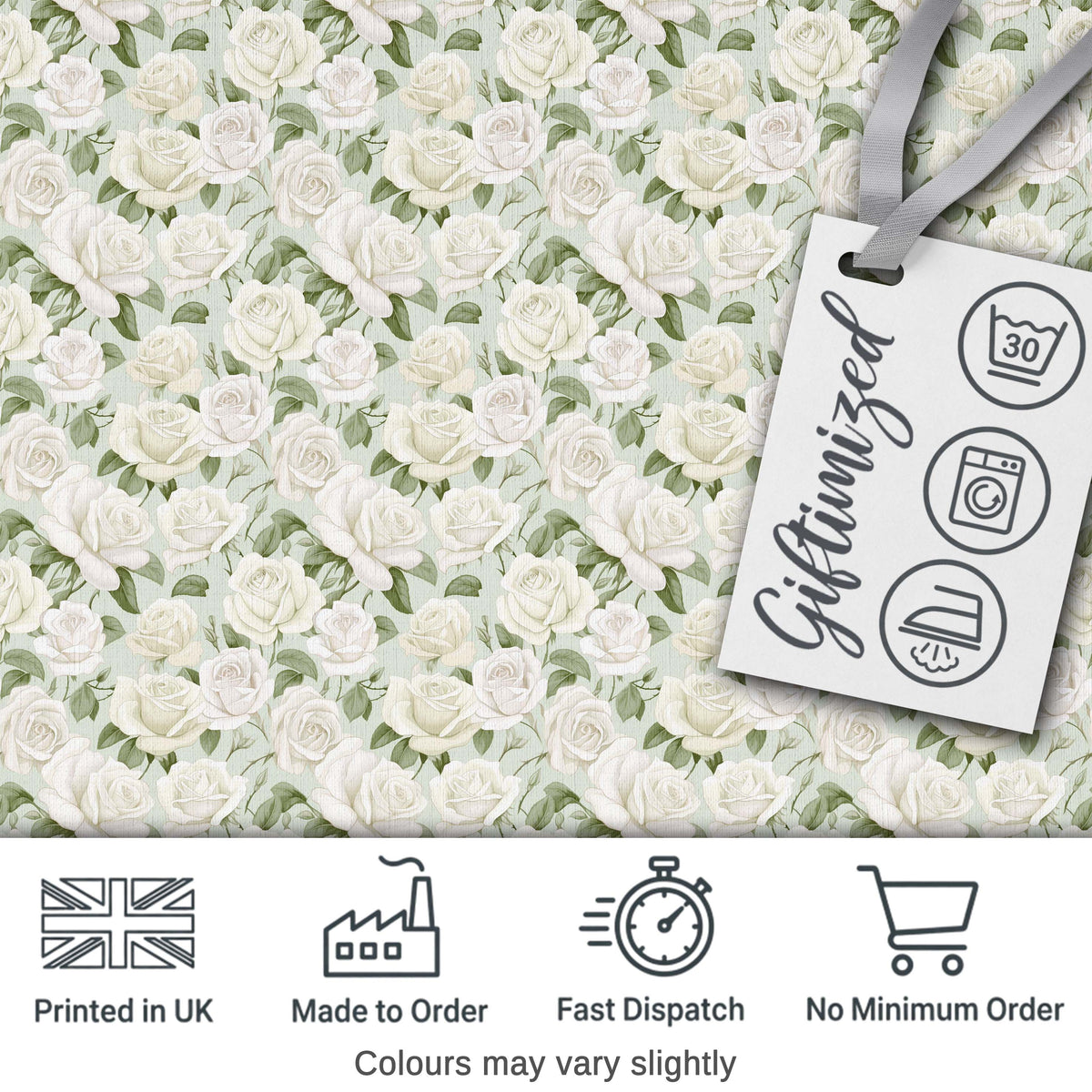Elegant White Roses Vintage Floral Seamless Pattern Digital Print Fabric by the Metre UK Sewing Quilting Textile