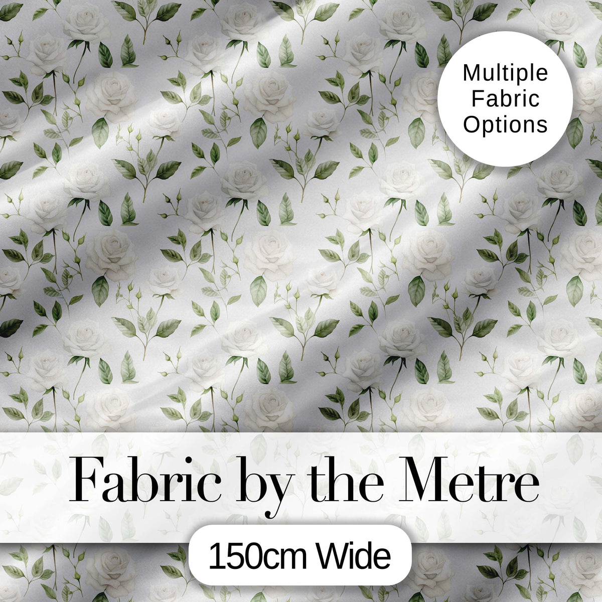 Delicate White Roses and Leaves Minimal Botanical Seamless Pattern Digital Print Fabric by the Metre UK Sewing Quilting Textile