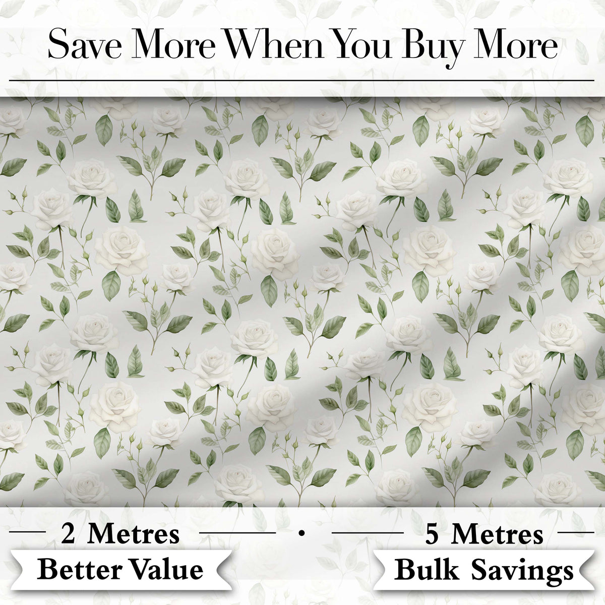 Delicate White Roses and Leaves Minimal Botanical Seamless Pattern Digital Print Fabric by the Metre UK Sewing Quilting Textile