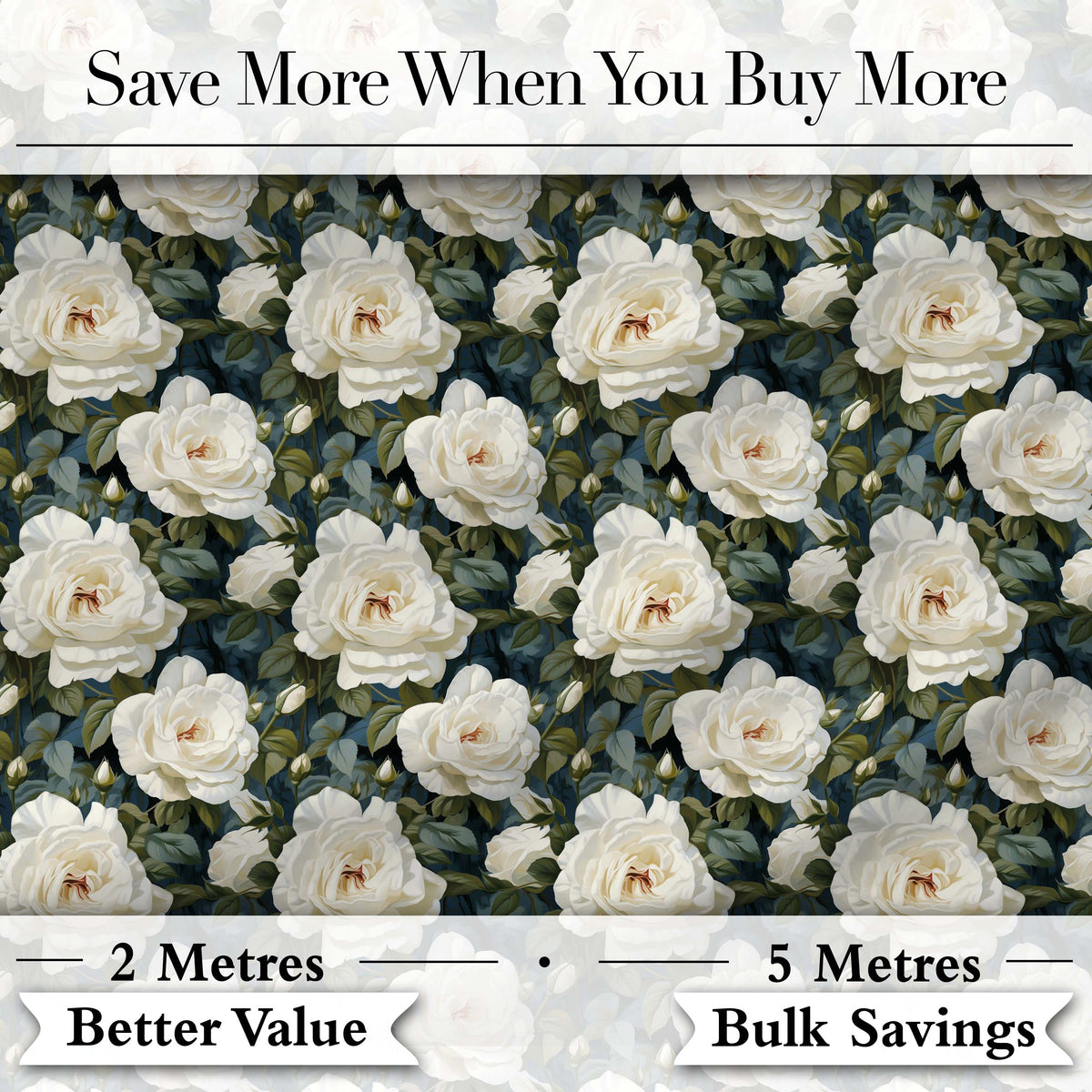 Romantic White Roses Dark Botanical Garden Seamless Pattern Digital Print Fabric by the Metre UK Sewing Quilting Textile