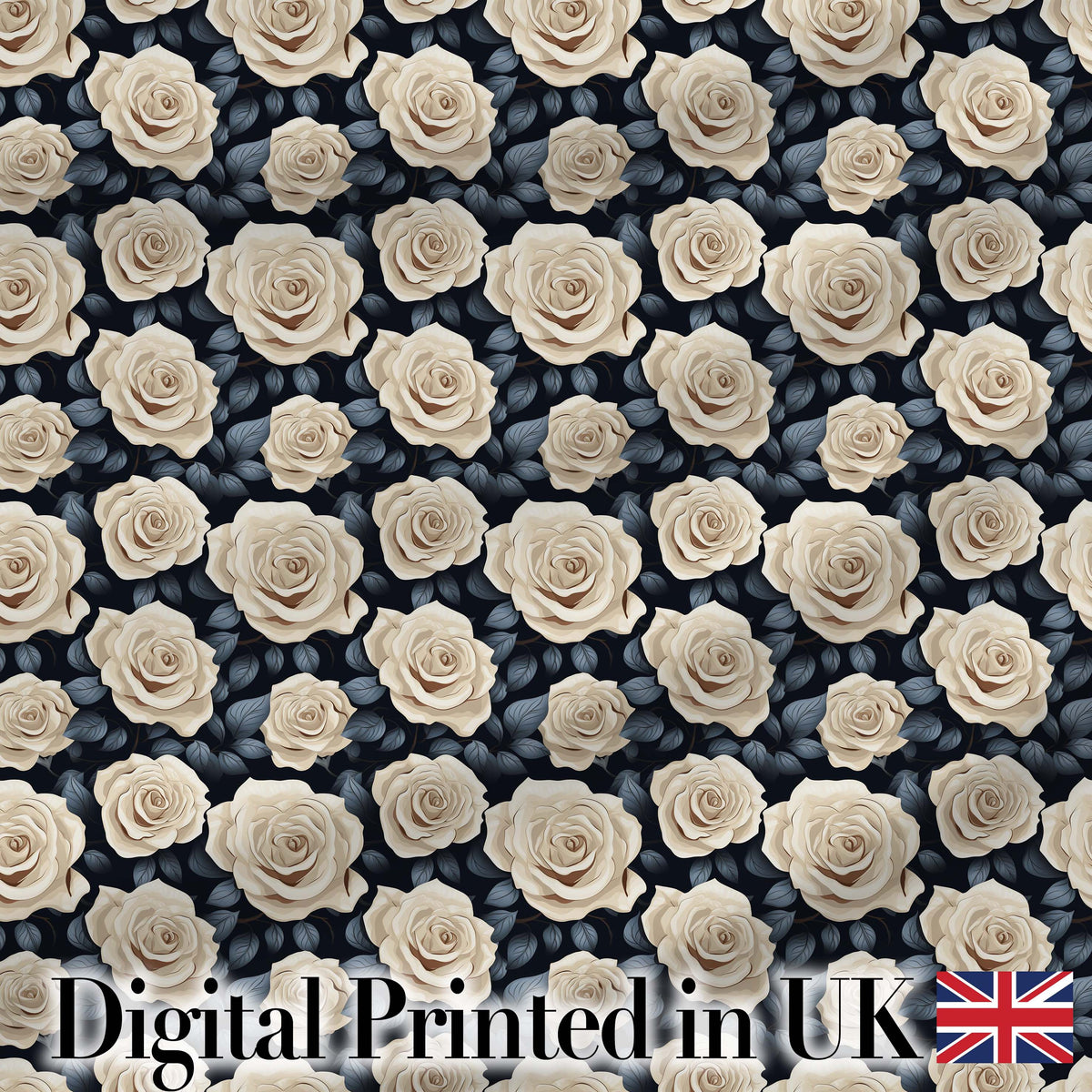 Vintage Ivory Roses Deep Blue Floral Seamless Pattern Digital Print Fabric by the Metre UK Sewing Quilting Textile