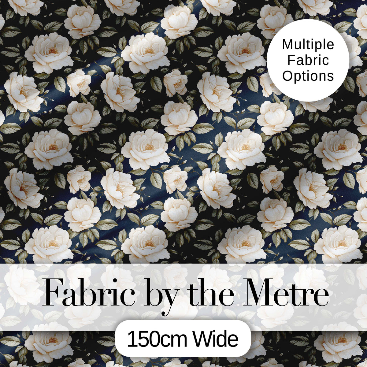 Elegant Beige Roses on Black Floral Seamless Pattern Digital Print Fabric by the Metre UK Sewing Quilting Textile