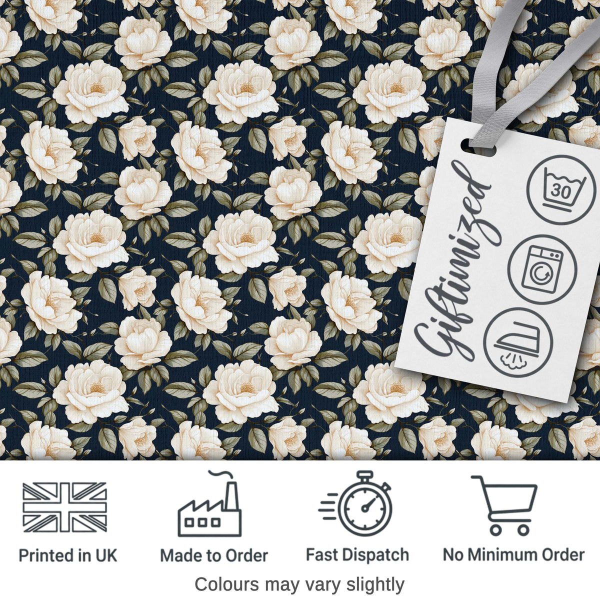 Elegant Beige Roses on Black Floral Seamless Pattern Digital Print Fabric by the Metre UK Sewing Quilting Textile