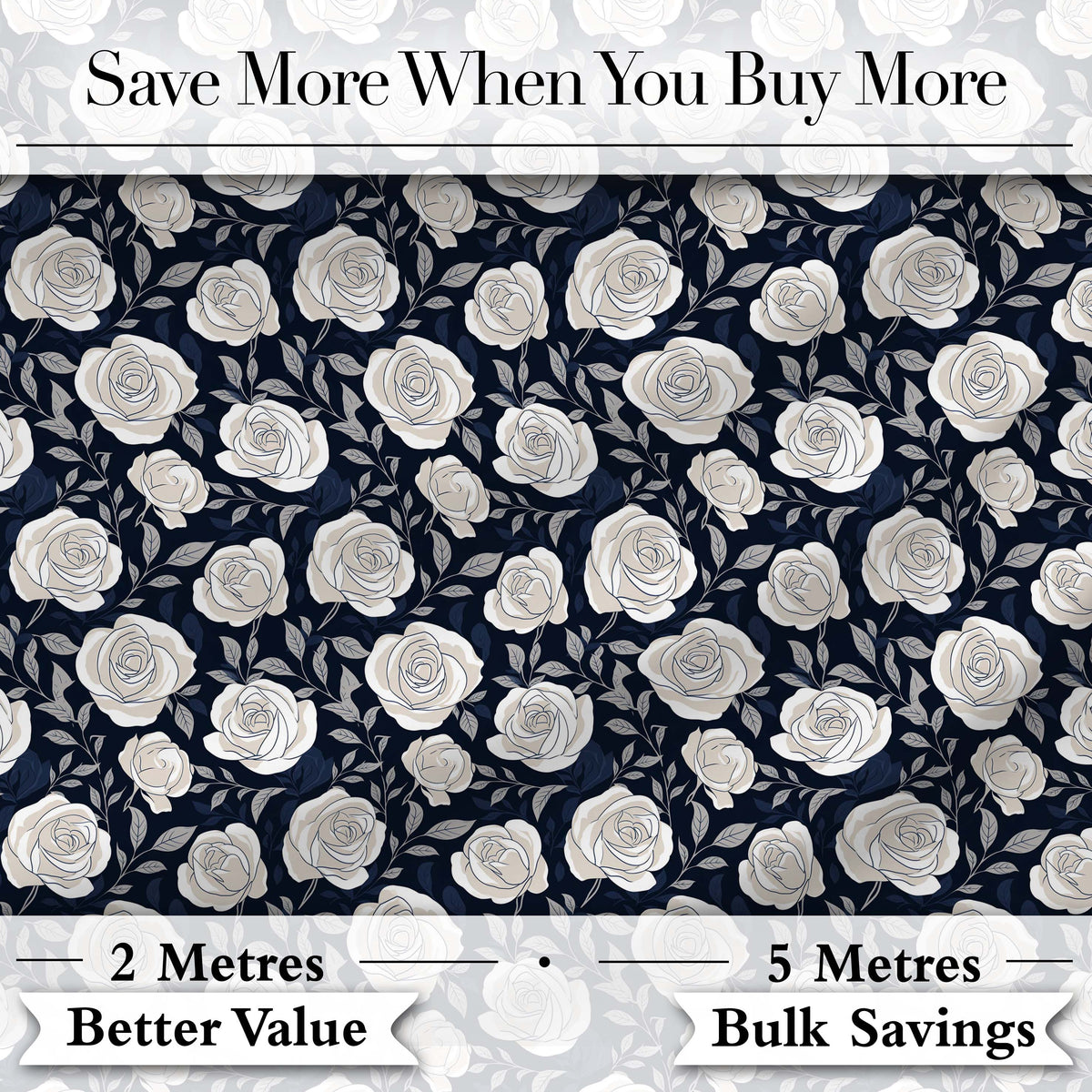 Classic White Rose Garden Midnight Blue Seamless Pattern Digital Print Fabric by the Metre UK Sewing Quilting Textile