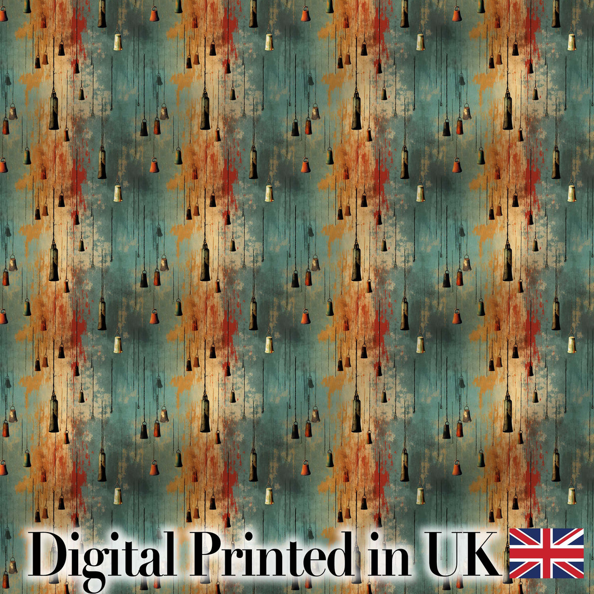 Rustic Hanging Metal Bells Distressed Paint Texture Seamless Pattern Digital Print Fabric by the Metre UK Sewing Quilting Textile