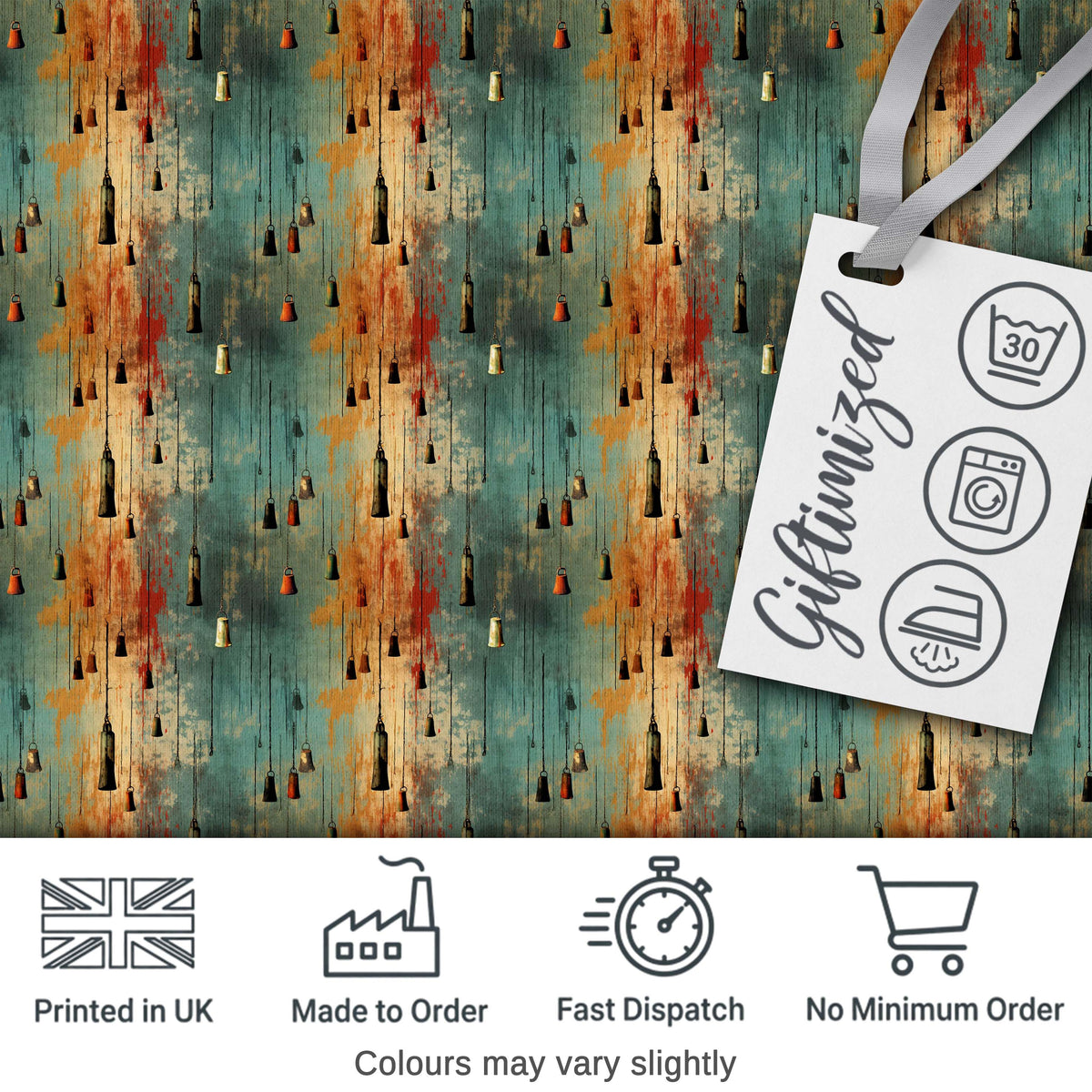 Rustic Hanging Metal Bells Distressed Paint Texture Seamless Pattern Digital Print Fabric by the Metre UK Sewing Quilting Textile