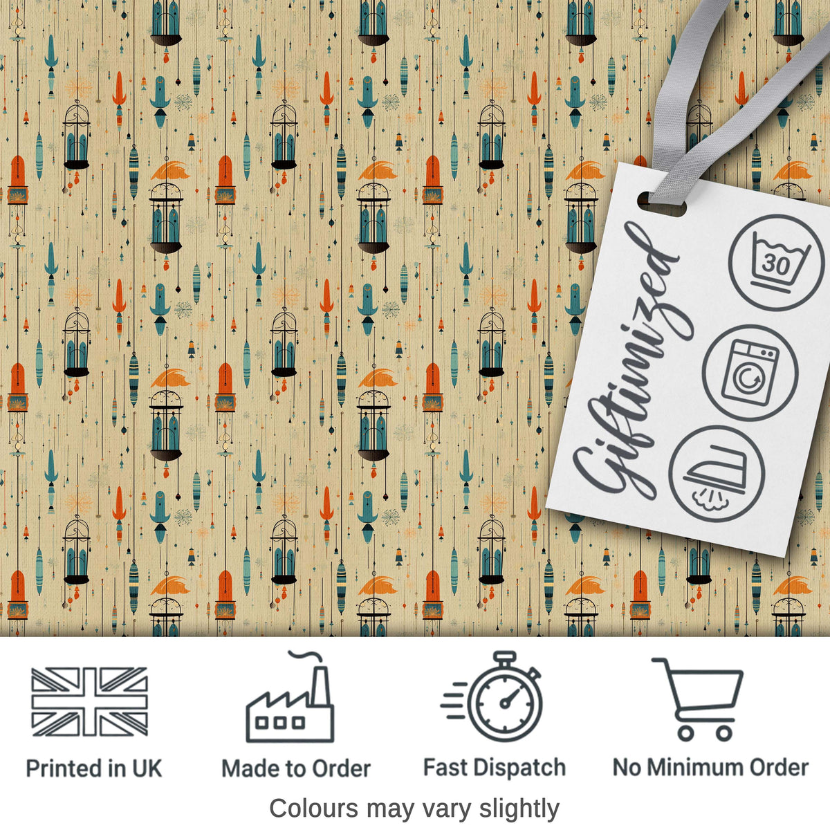 Vintage Hanging Birdcages and Floral Elements Seamless Pattern Digital Print Fabric by the Metre UK Sewing Quilting Textile