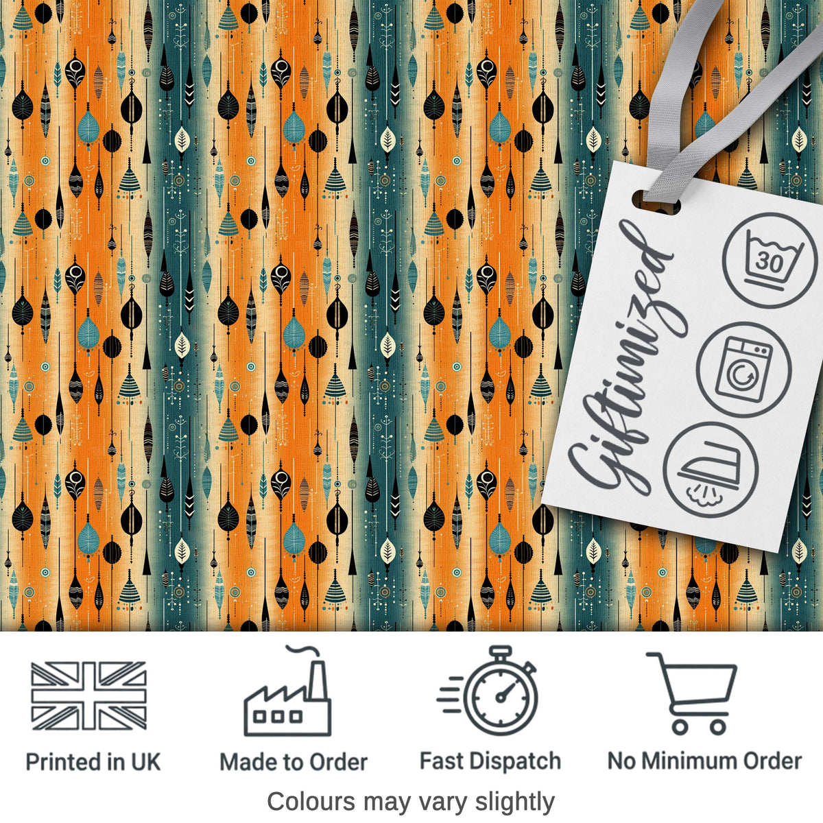 Scandinavian Hanging Ornaments Orange Teal Seamless Pattern Digital Print Fabric by the Metre UK Sewing Quilting Textile