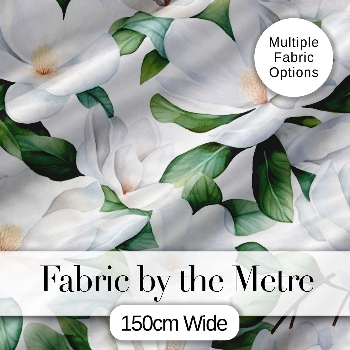 Soft White Magnolia Flowers and Green Leaves Seamless Pattern Digital Print Fabric by the Metre UK Sewing Quilting Textile