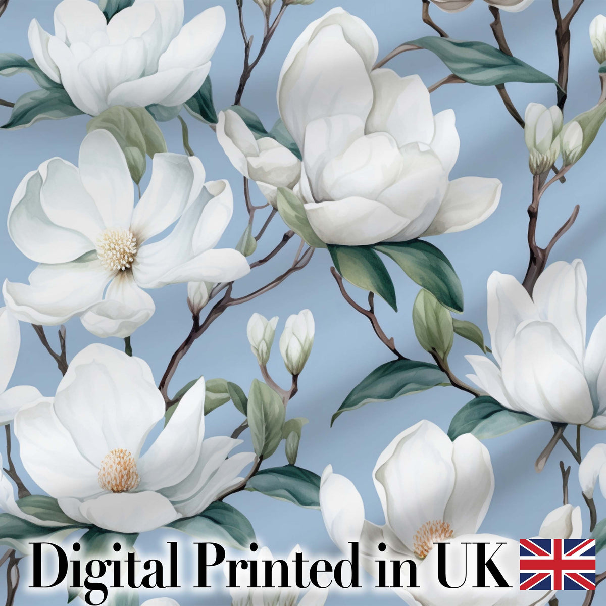Soft White Magnolia Blossoms on Blue Background Seamless Pattern Digital Print Fabric by the Metre UK Sewing Quilting Textile