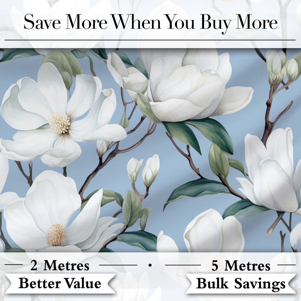 Soft White Magnolia Blossoms on Blue Background Seamless Pattern Digital Print Fabric by the Metre UK Sewing Quilting Textile