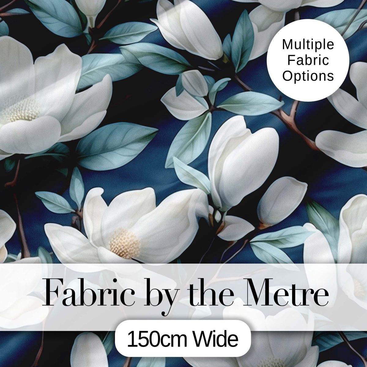 Magnolia Flowers with Blue Leaves on Dark Background Seamless Pattern Digital Print Fabric by the Metre UK Sewing Quilting Textile