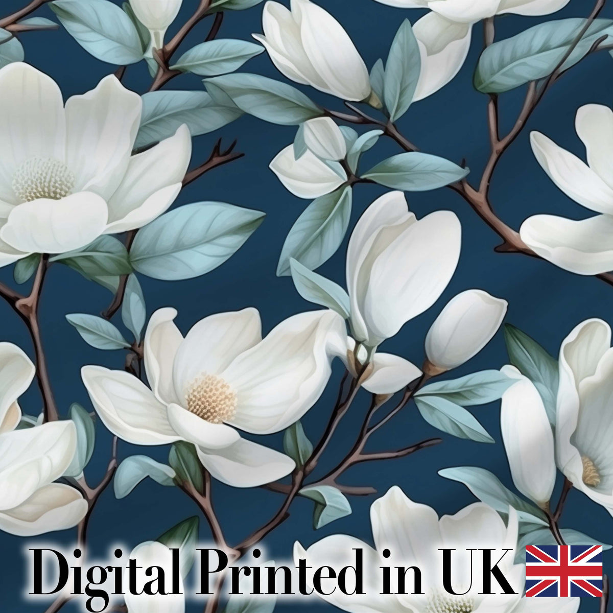 Magnolia Flowers with Blue Leaves on Dark Background Seamless Pattern Digital Print Fabric by the Metre UK Sewing Quilting Textile