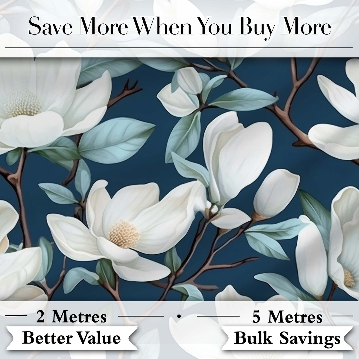 Magnolia Flowers with Blue Leaves on Dark Background Seamless Pattern Digital Print Fabric by the Metre UK Sewing Quilting Textile