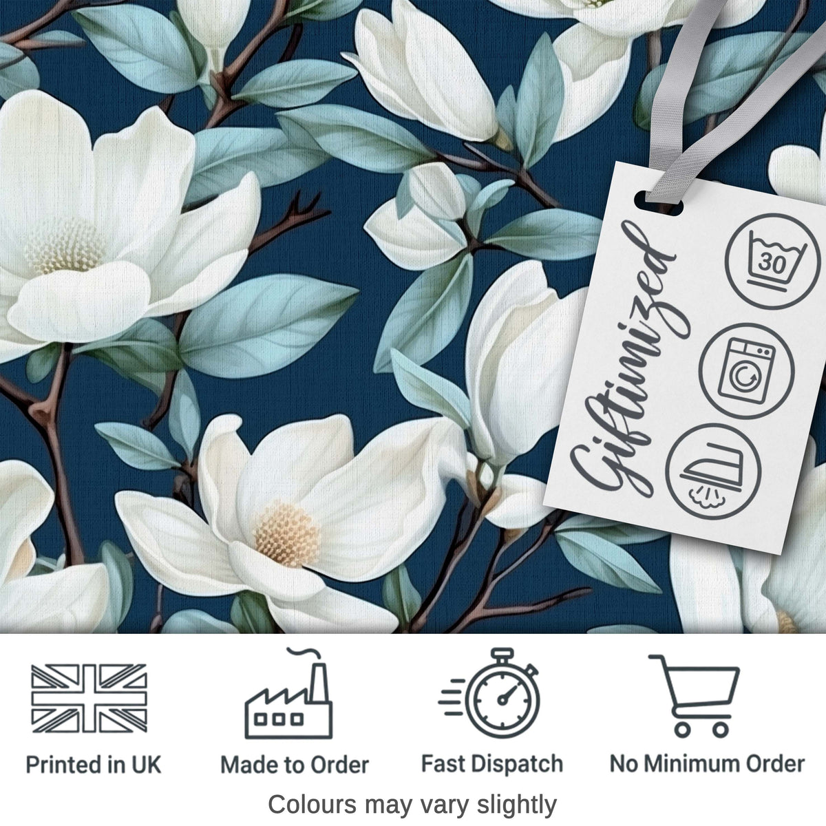 Magnolia Flowers with Blue Leaves on Dark Background Seamless Pattern Digital Print Fabric by the Metre UK Sewing Quilting Textile
