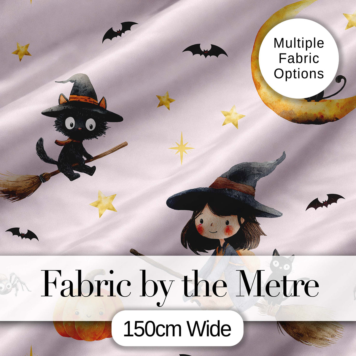 Halloween Witch Girl Flying on Broom with Black Cat Moon and Stars Pink Digital Print Fabric by the Metre UK Sewing Quilting Textile
