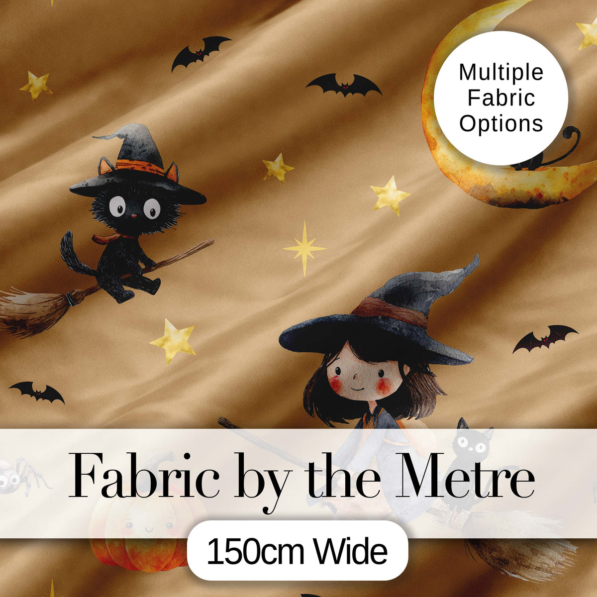 Cute Halloween Witch Girl with Pumpkin Bats and Moon Warm Brown Digital Print Fabric by the Metre UK Sewing Quilting Textile