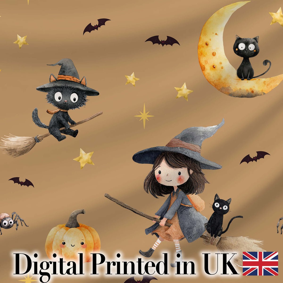 Cute Halloween Witch Girl with Pumpkin Bats and Moon Warm Brown Digital Print Fabric by the Metre UK Sewing Quilting Textile