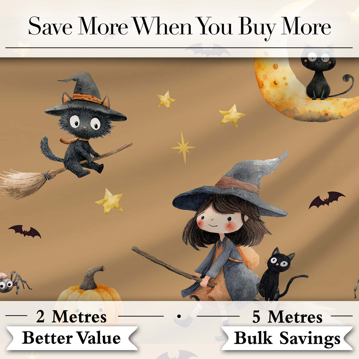 Cute Halloween Witch Girl with Pumpkin Bats and Moon Warm Brown Digital Print Fabric by the Metre UK Sewing Quilting Textile