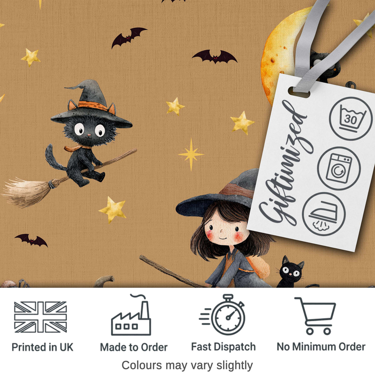 Cute Halloween Witch Girl with Pumpkin Bats and Moon Warm Brown Digital Print Fabric by the Metre UK Sewing Quilting Textile