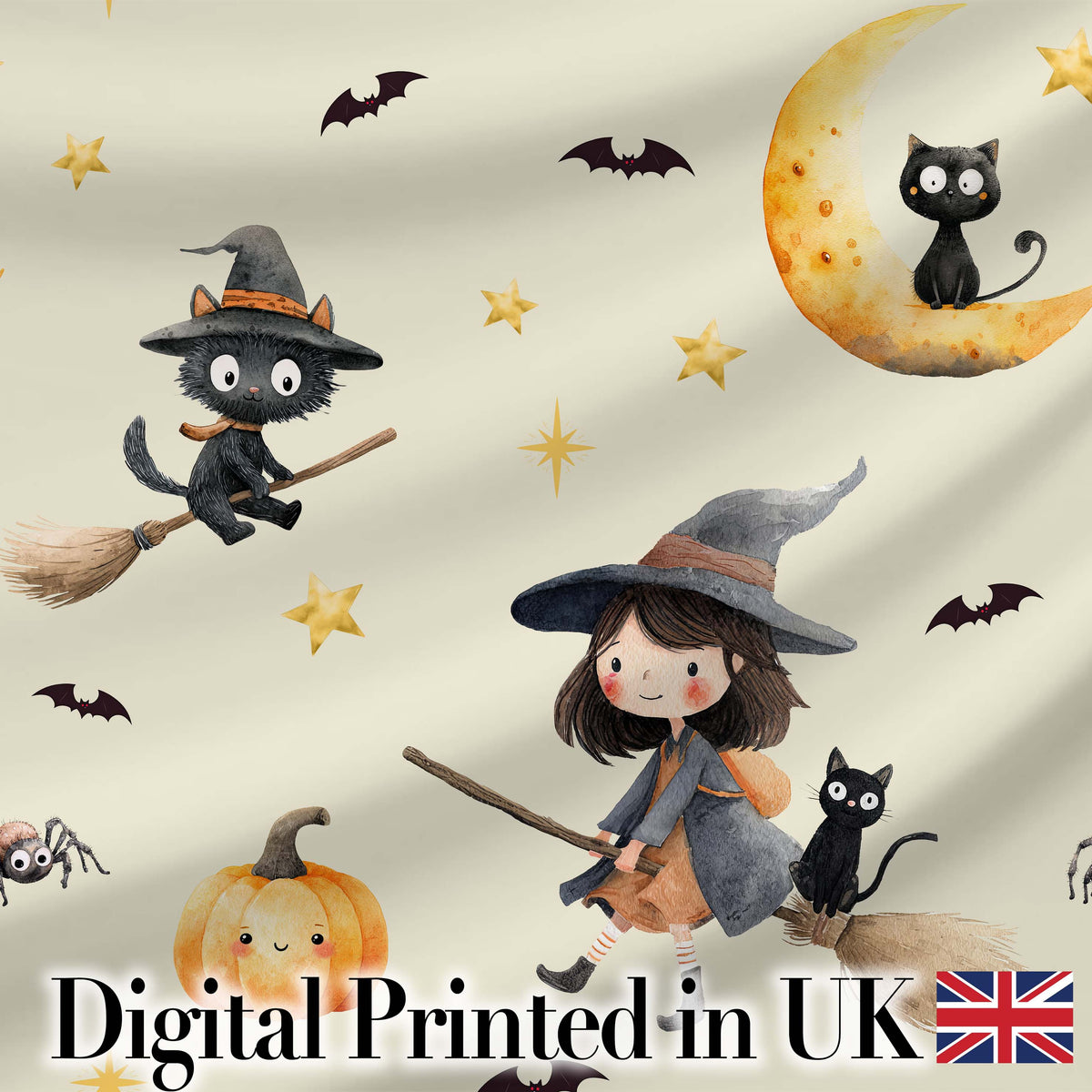 Cute Witch Girl Riding Broom with Black Cat Soft Cream Background Digital Print Fabric by the Metre UK Sewing Quilting Textile