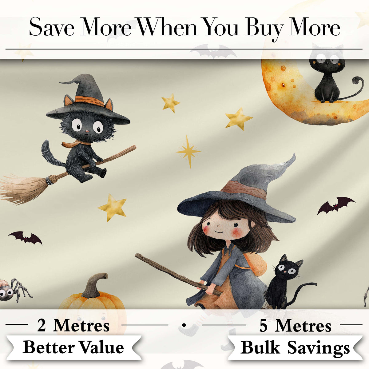 Cute Witch Girl Riding Broom with Black Cat Soft Cream Background Digital Print Fabric by the Metre UK Sewing Quilting Textile