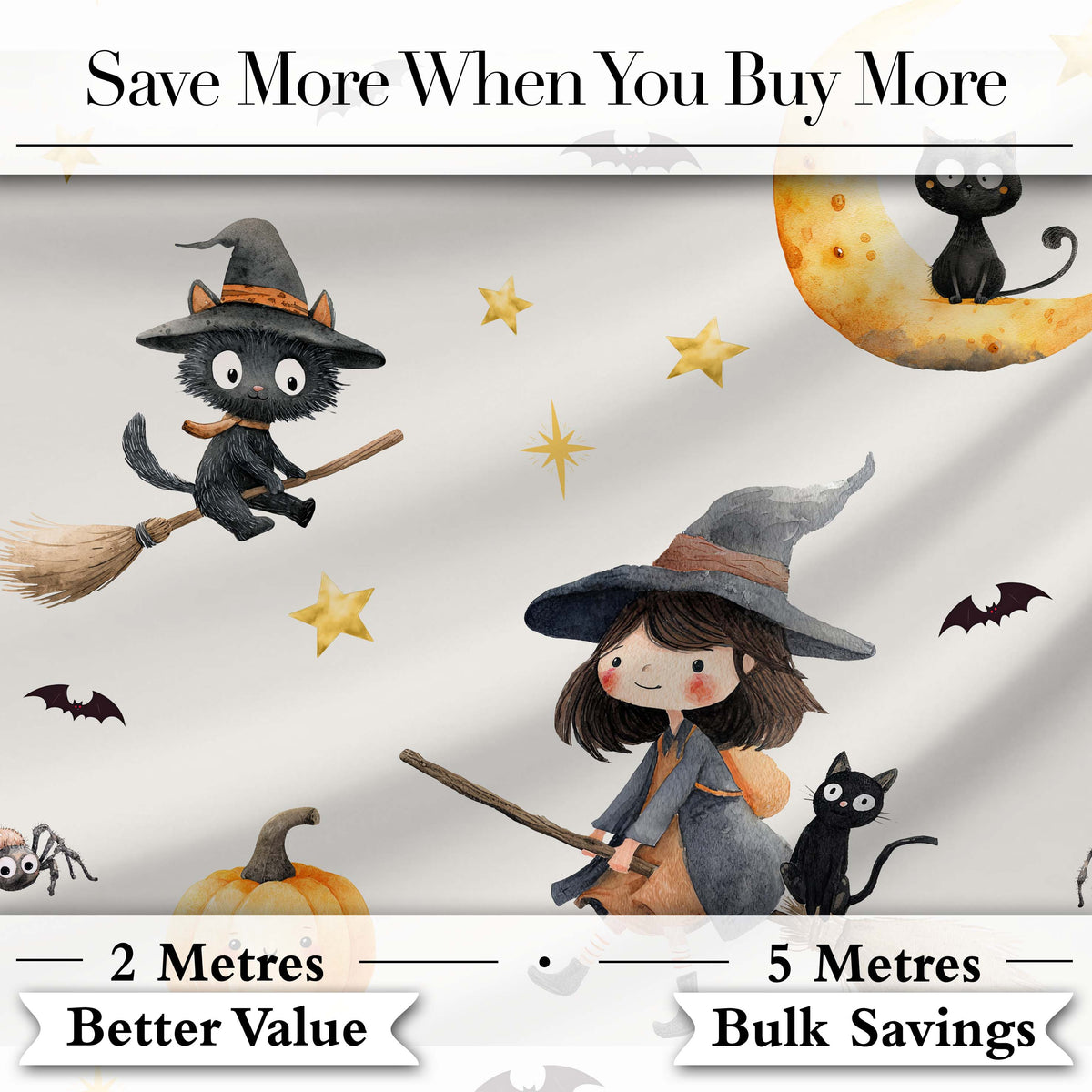 Cute Halloween Witch Girl Cat and Crescent Moon Light Grey Background Digital Print Fabric by the Metre UK Sewing Quilting Textile