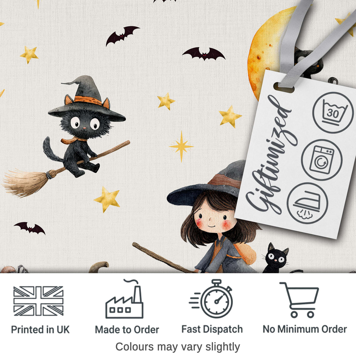 Cute Halloween Witch Girl Cat and Crescent Moon Light Grey Background Digital Print Fabric by the Metre UK Sewing Quilting Textile