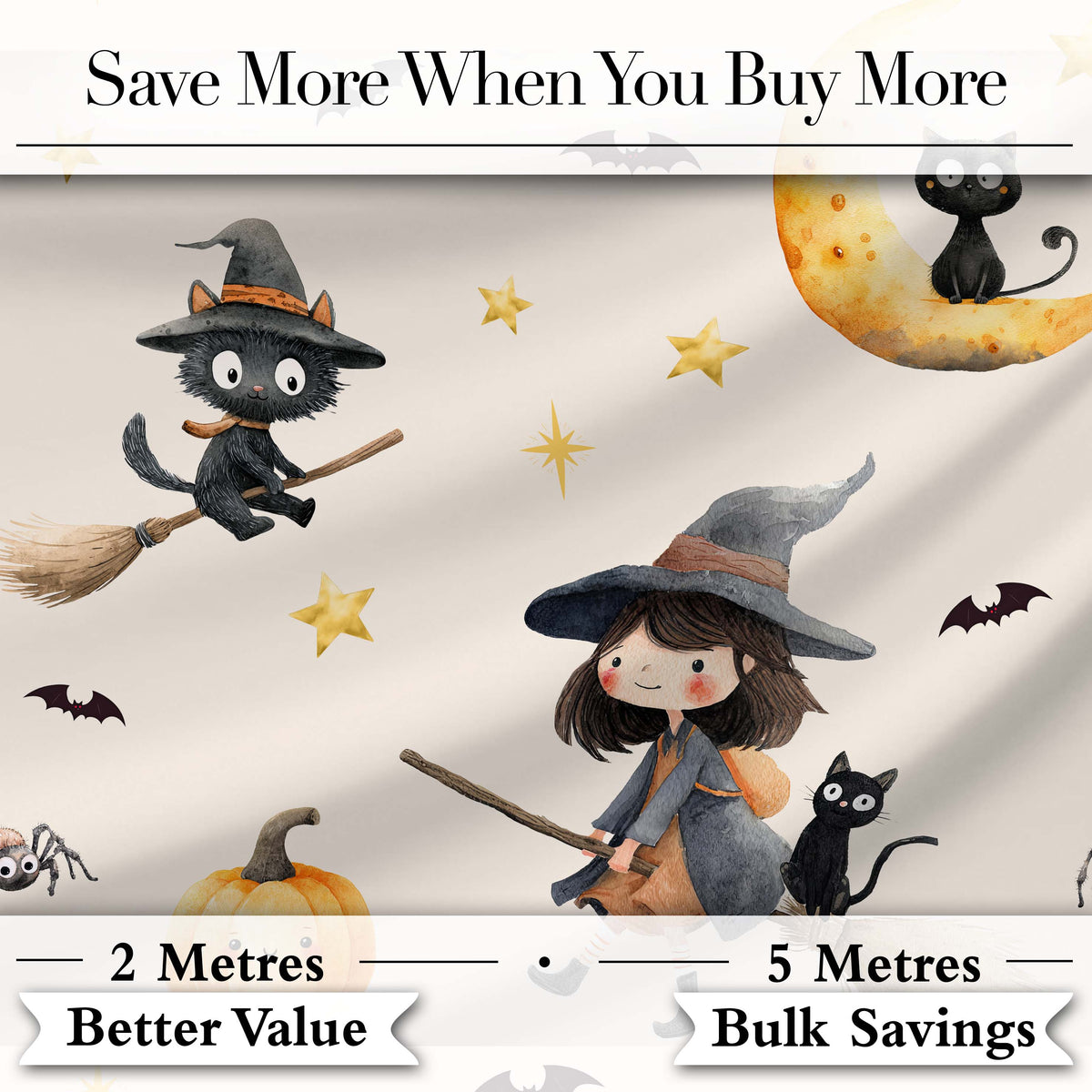 Cute Witch Girl and Black Cat with Stars and Moon Beige Background Digital Print Fabric by the Metre UK Sewing Quilting Textile