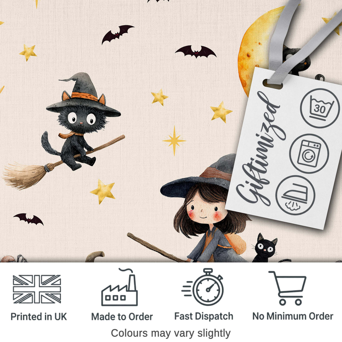 Cute Witch Girl and Black Cat with Stars and Moon Beige Background Digital Print Fabric by the Metre UK Sewing Quilting Textile