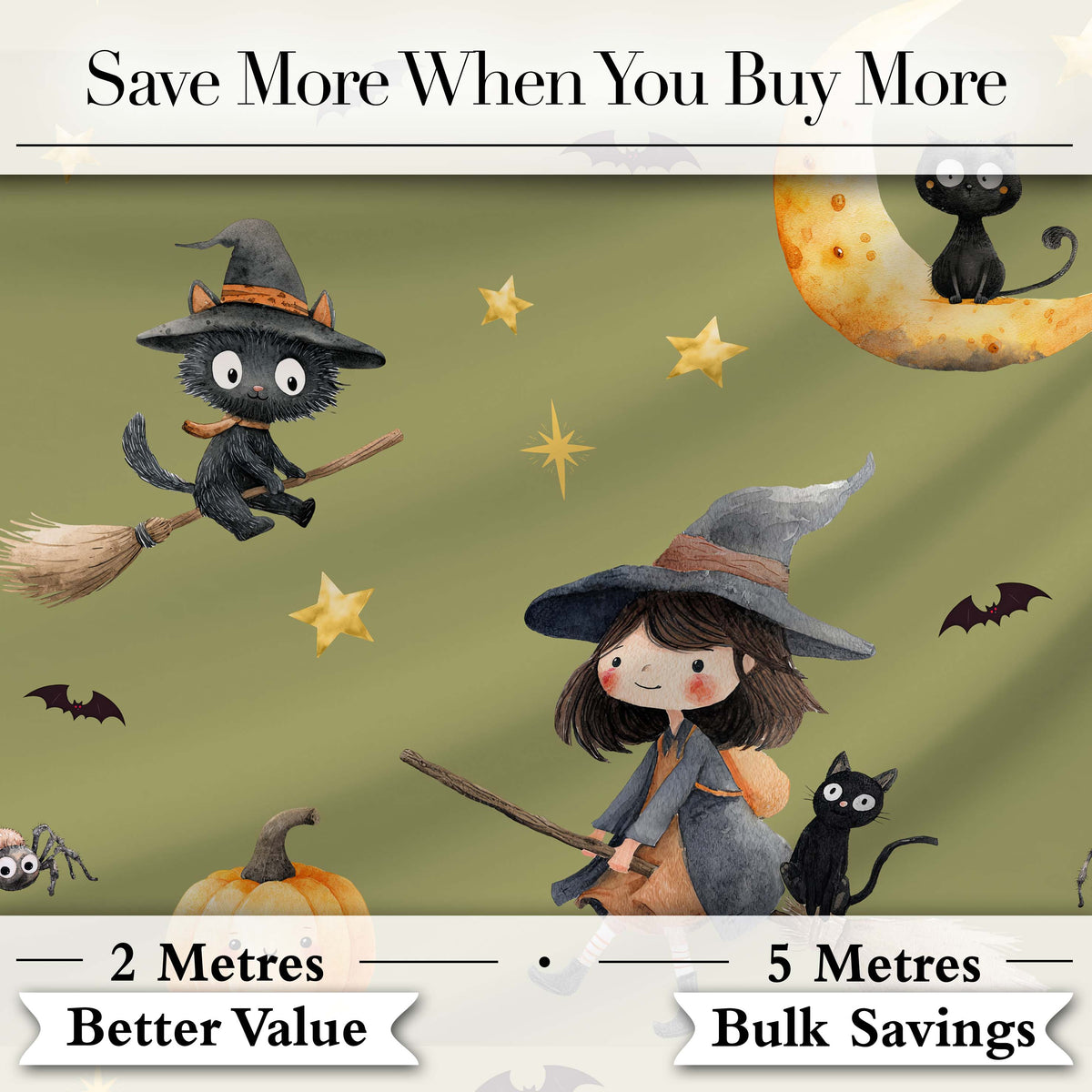 Halloween Witch Girl Flying with Cat, Bats, Stars Olive Green Background Digital Print Fabric by the Metre UK Sewing Quilting Textile