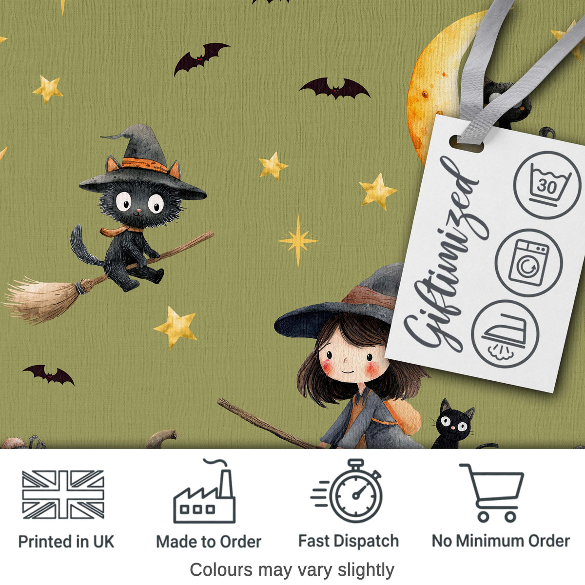 Halloween Witch Girl Flying with Cat, Bats, Stars Olive Green Background Digital Print Fabric by the Metre UK Sewing Quilting Textile