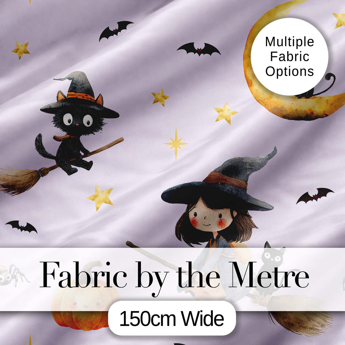 Witch Girl and Black Cat with Moon and Stars Lavender Background Digital Print Fabric by the Metre UK Sewing Quilting Textile