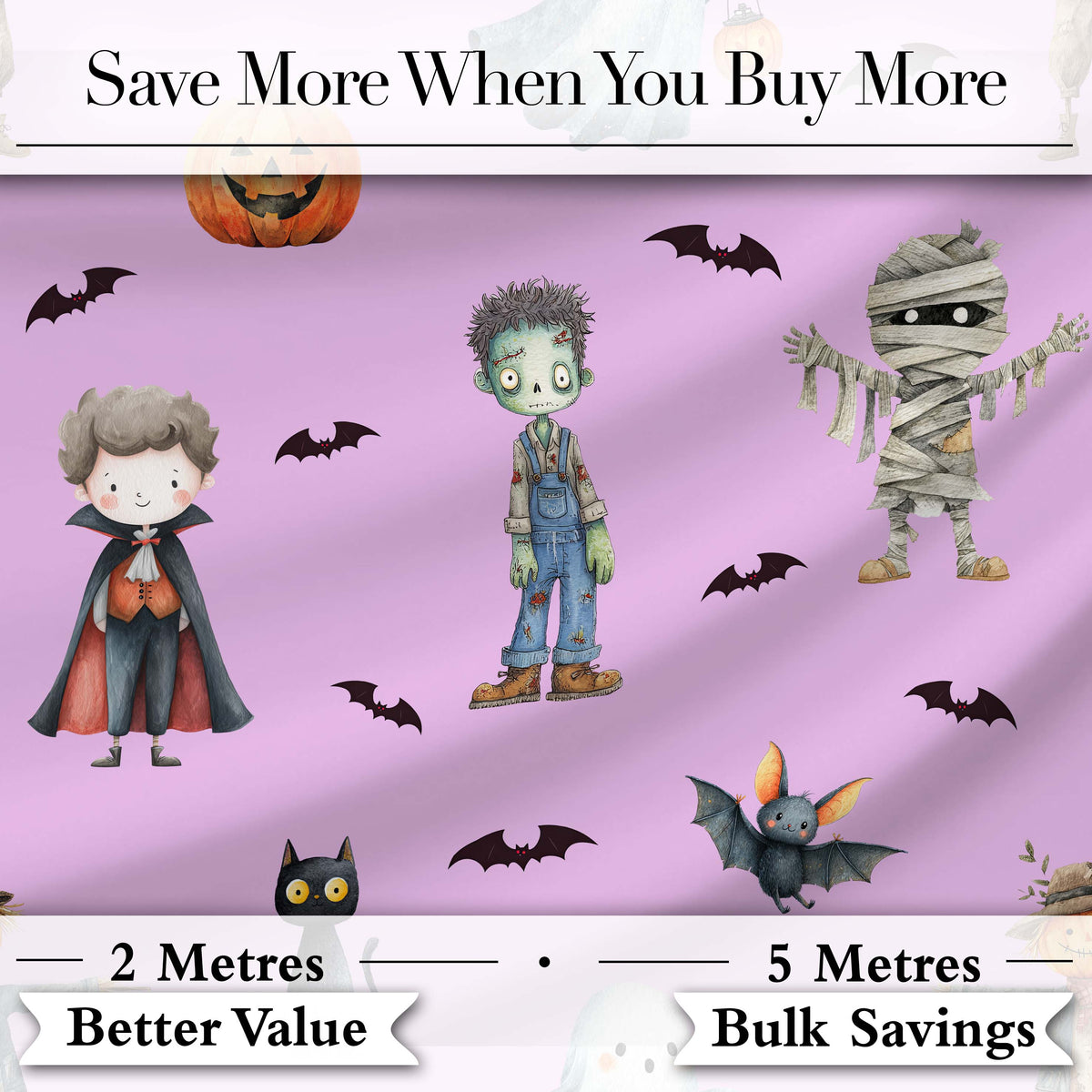 Halloween Zombie Mummy Vampire Characters Purple Background Digital Print Fabric by the Metre UK Sewing Quilting Textile