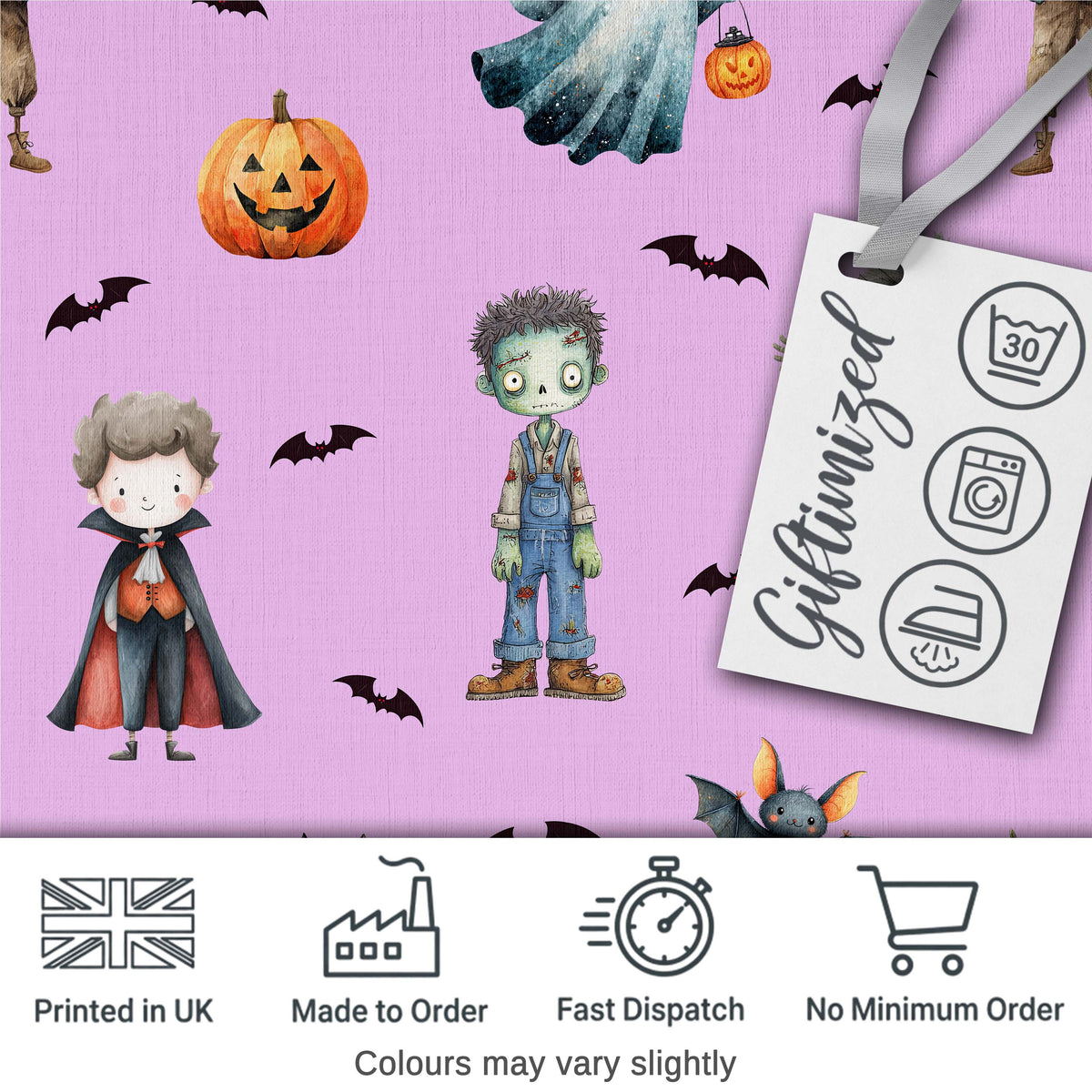 Halloween Zombie Mummy Vampire Characters Purple Background Digital Print Fabric by the Metre UK Sewing Quilting Textile