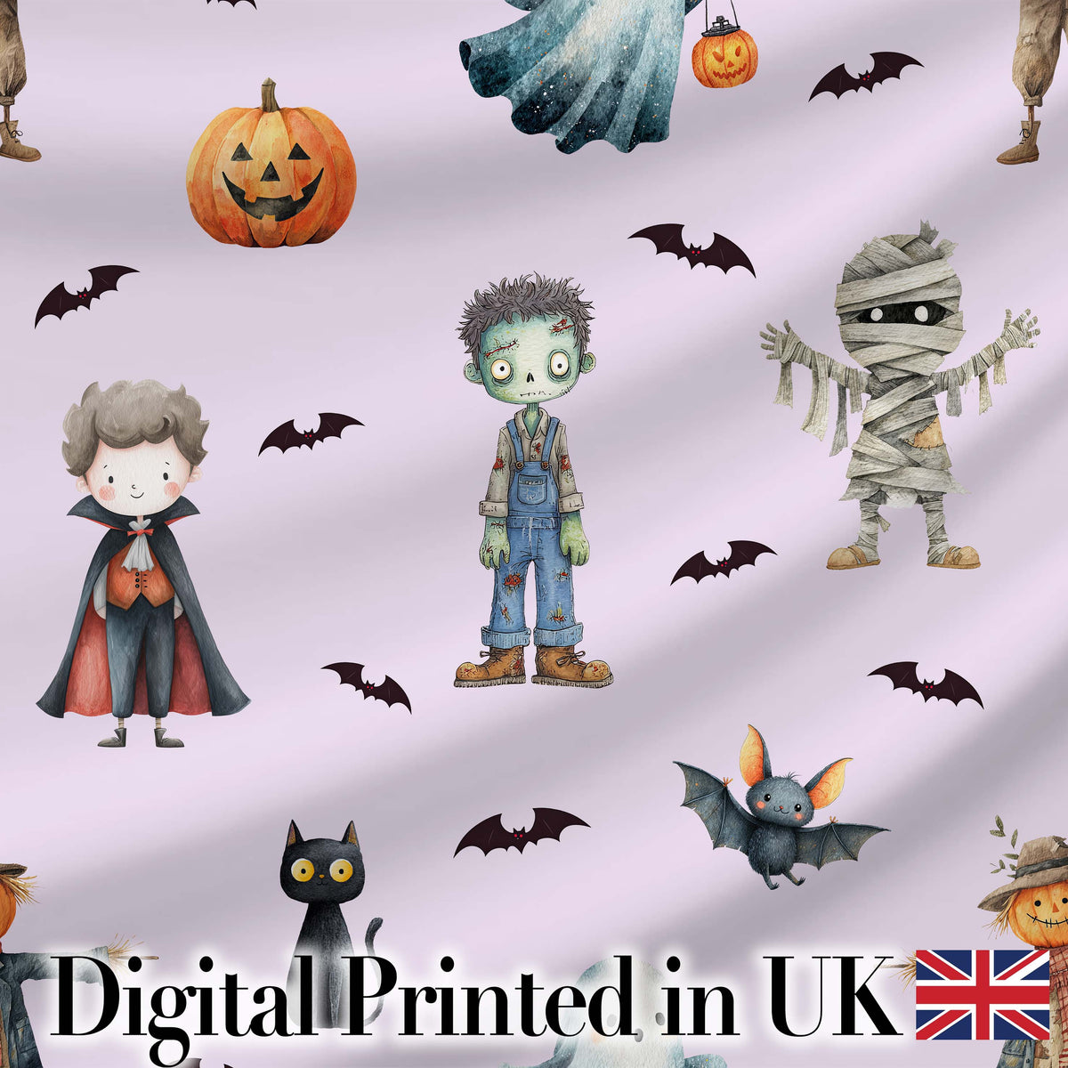 Halloween Zombie Mummy Vampire and Bat Characters Purple Background Digital Print Fabric by the Metre UK Sewing Quilting Textile