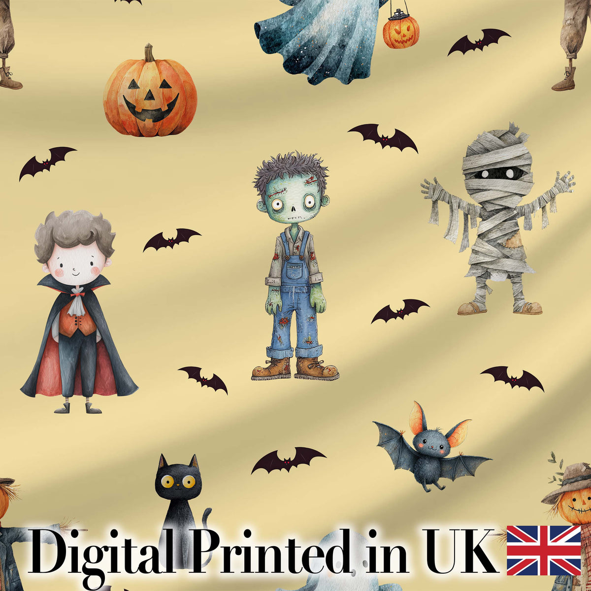 Halloween Zombie Mummy Vampire and Bat Characters Yellow Background Digital Print Fabric by the Metre UK Sewing Quilting Textile