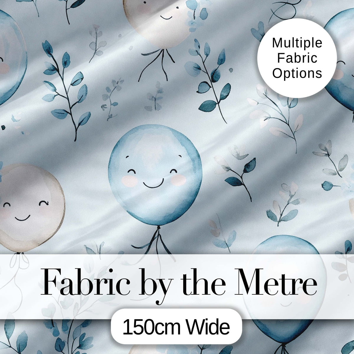 Cute Pastel Balloons with Leaves Light Blue Background Seamless Pattern Digital Print Fabric by the Metre UK Sewing Quilting Textile