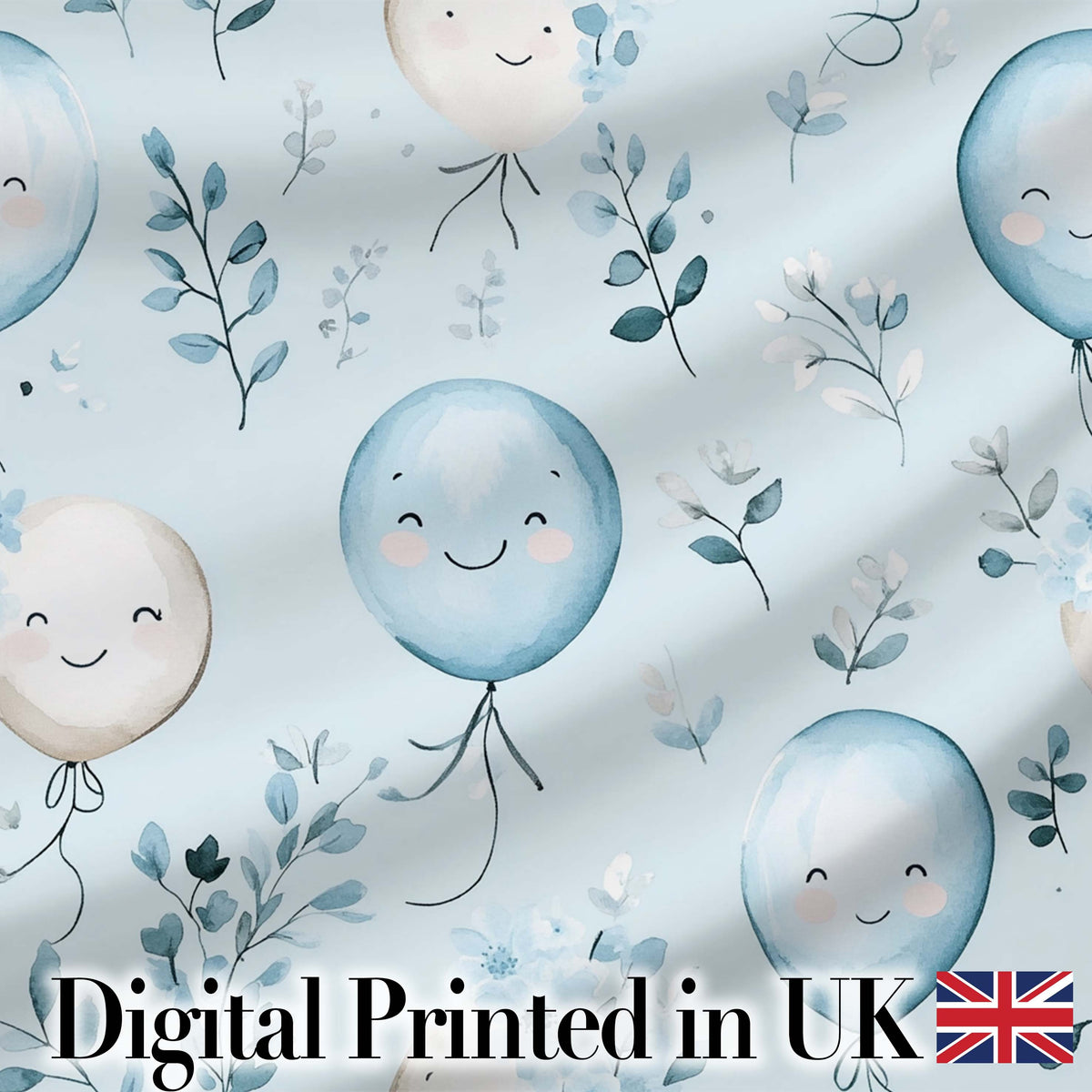 Cute Pastel Balloons with Leaves Light Blue Background Seamless Pattern Digital Print Fabric by the Metre UK Sewing Quilting Textile