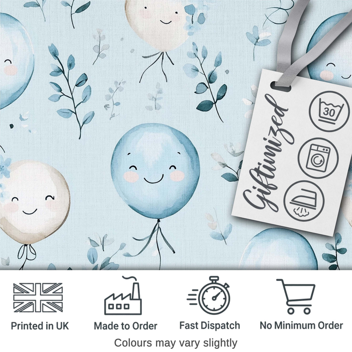 Cute Pastel Balloons with Leaves Light Blue Background Seamless Pattern Digital Print Fabric by the Metre UK Sewing Quilting Textile