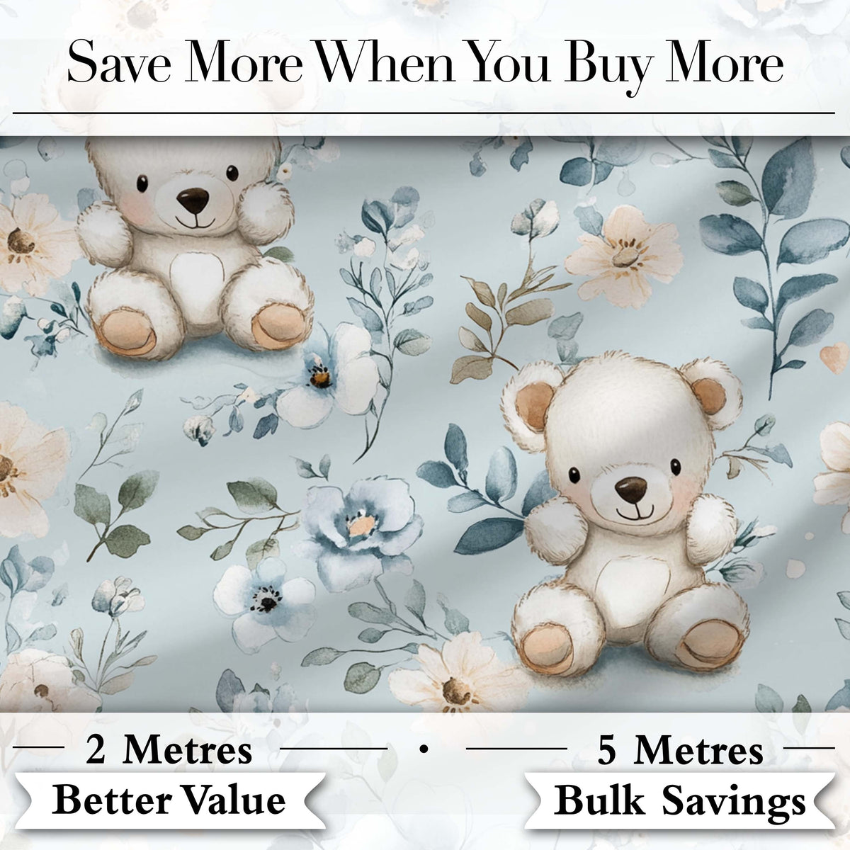 Cute Teddy Bears with Soft Blue Floral Background Seamless Pattern Digital Print Fabric by the Metre UK Sewing Quilting Textile