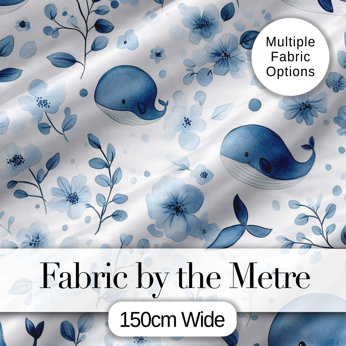 Cute Blue Whale with Floral Background Seamless Pattern Digital Print Fabric by the Metre UK Sewing Quilting Textile