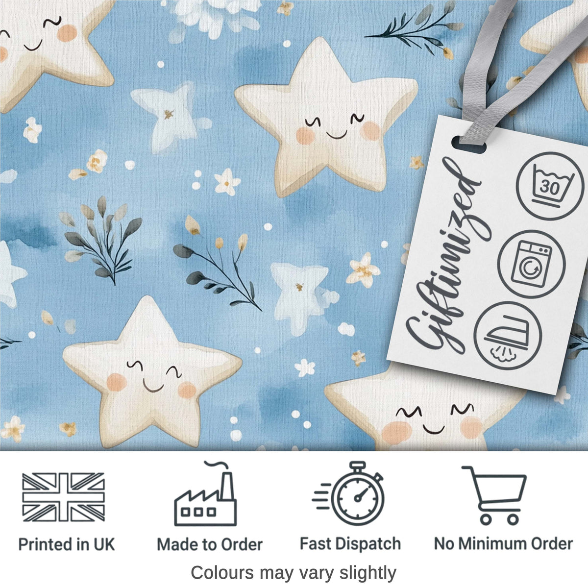 Cute Smiling Starfish with Soft Blue Floral Background Seamless Pattern Digital Print Fabric by the Metre UK Sewing Quilting Textile